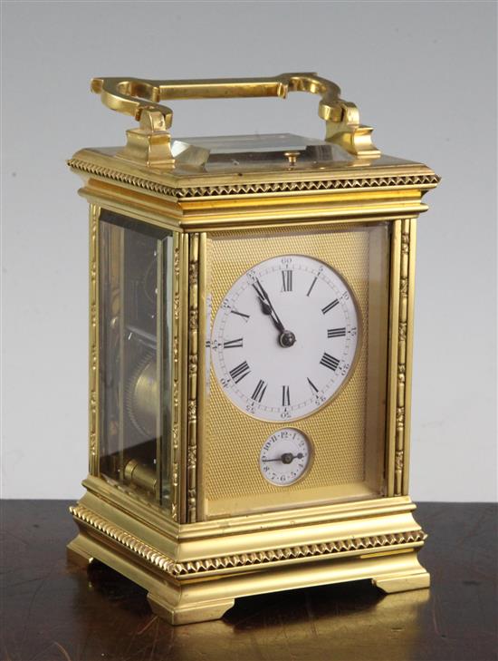 A late 19th century French hour repeating ormolu carriage clock, 6in.